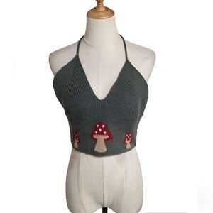 Romwe Green Mushroom Knit Halter Crop Top